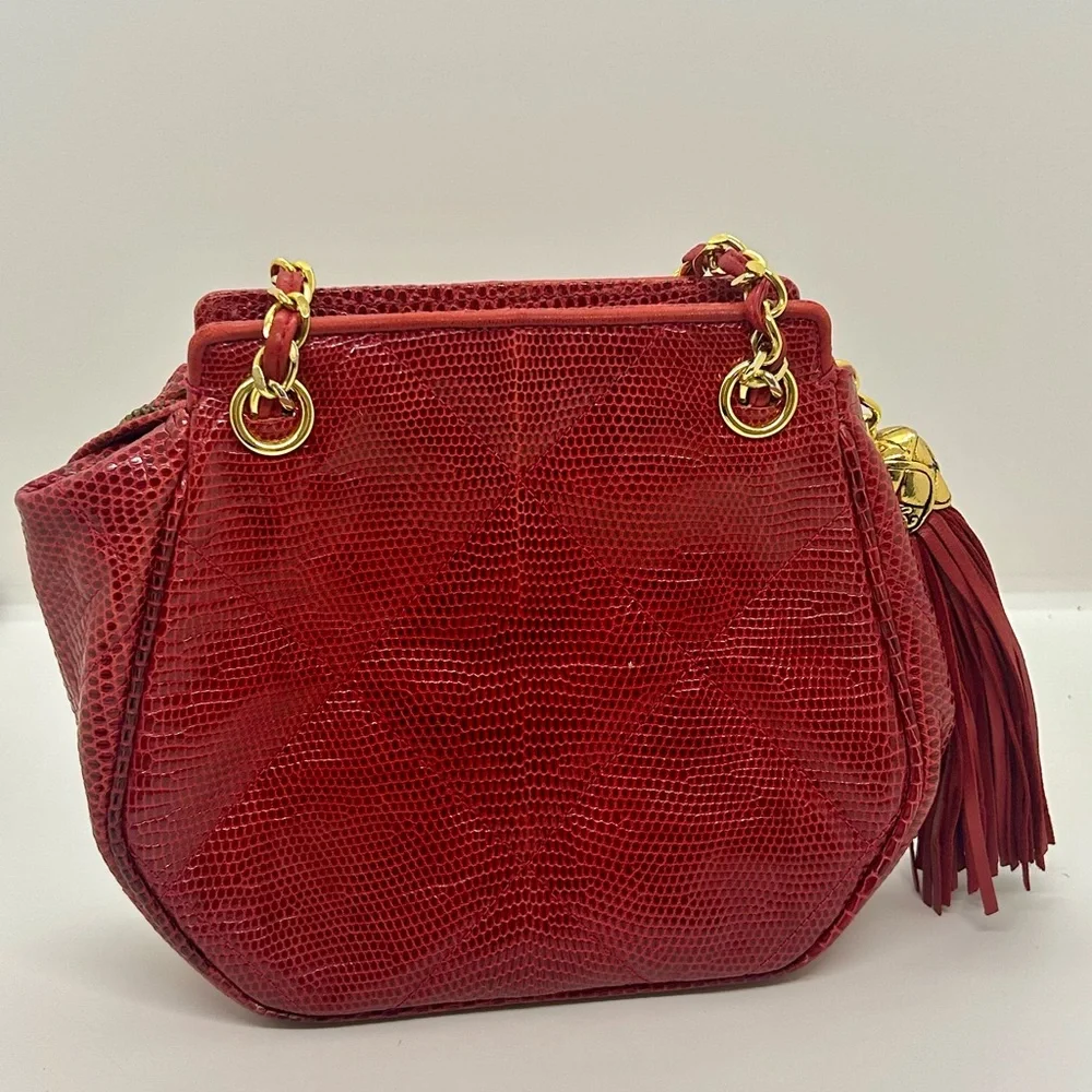 CHANEL Vintage Red Lizard Skin Hexagon Gold Chain Shoulder Bag